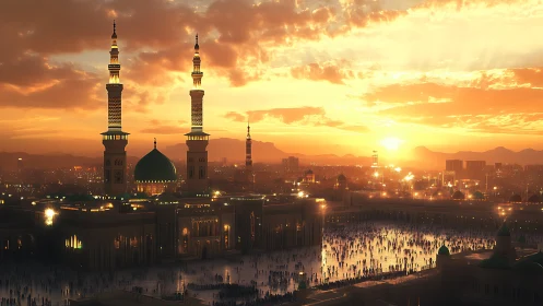 Sunset over large mosque complex with domes and minarets.