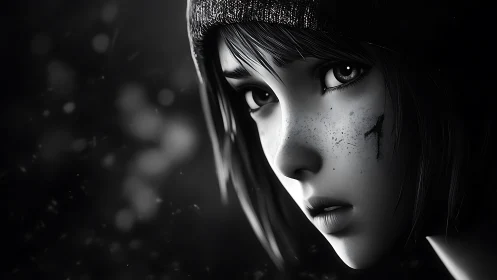 Gazed resolve in monochrome, freckled girl with scarred face.