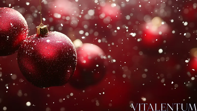 Crimson snow-kissed baubles drifting through festive hush.