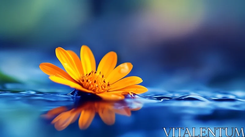 Bright orange daisy rests on rippled blue water surface