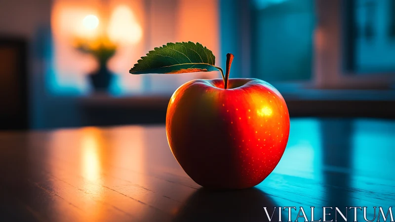 Red apple sits on reflective tabletop under mixed light