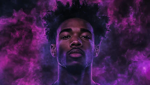 Electric neon portrait radiates quiet strength in violet haze