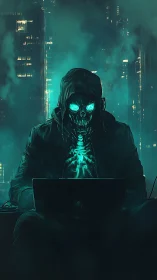 Cyberpunk skeletal hacker in neon-lit monolithic cityscape.