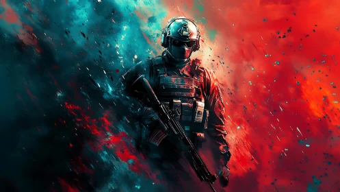 Armored soldier strides through explosive neon battlefield haze