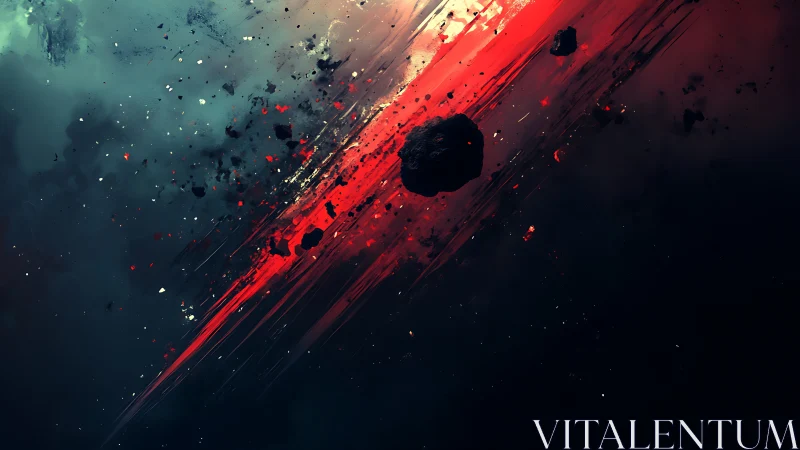 Abstract space debris streaked by vivid red trails.