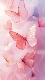 Pastel butterflies in translucent motion over pink haze.