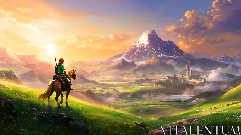 Hero on horseback greeting a glowing fantasy valley at dawn.