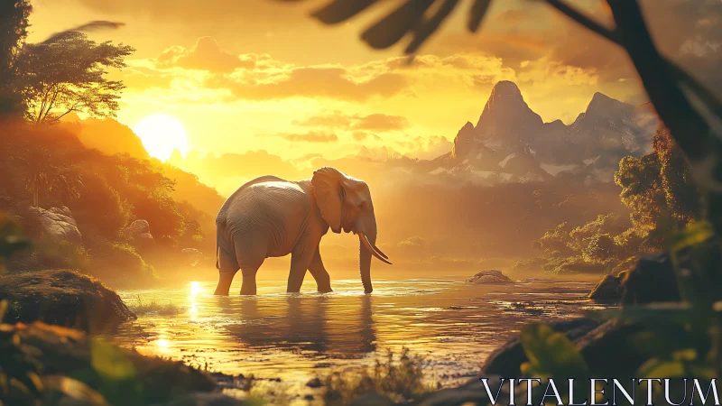 Elephant crosses a golden river under a glowing sunset sky