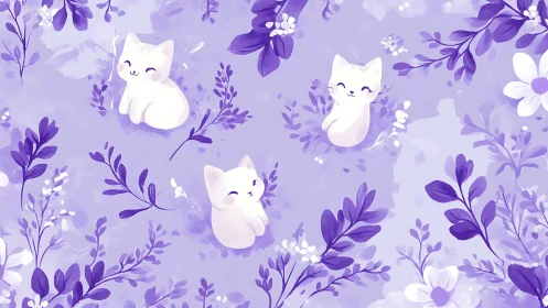 Three white cats rendered with soft volumetric lighting in lavender botanical setting