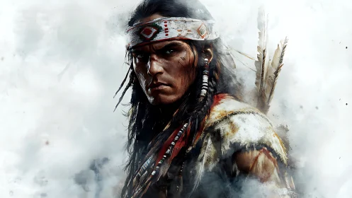 Warrior portrait emerges through swirling pale smoke.