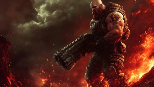 Armored space marine advances through erupting lava battlefield