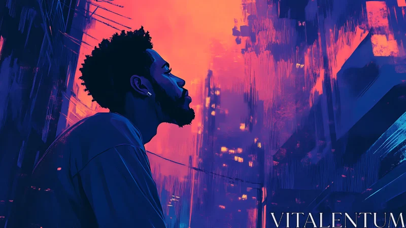 Urban profile in neon dusk with cinematic cyber gradient lighting.