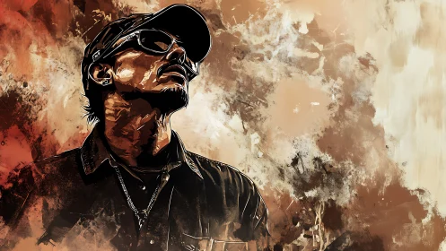 Stylized man in sunglasses gazes upward against abstract background