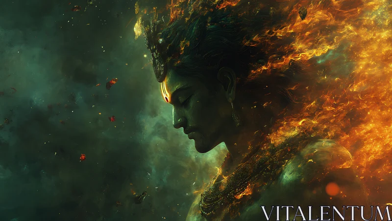 Mythic pyrokinetic deity in atmospheric volumetric flames.