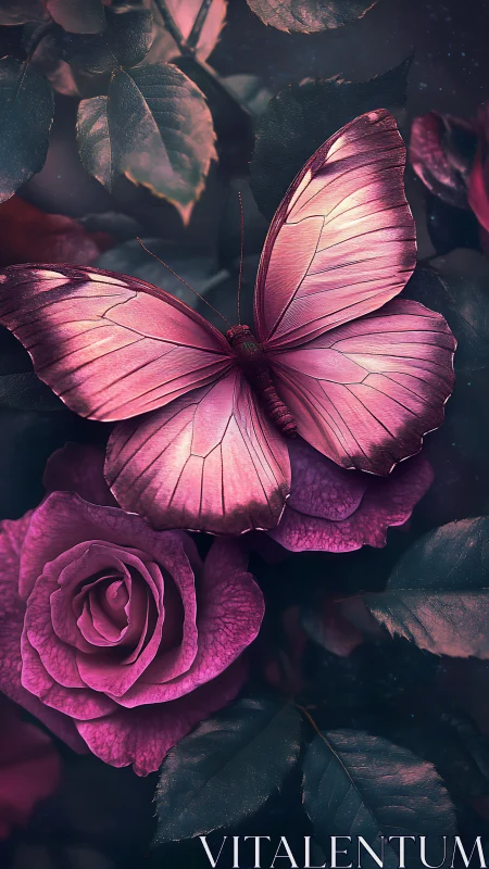 Pink butterfly rests on midnight roses in dreamy light