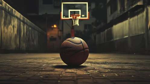 Basketball on empty outdoor court under low evening light.