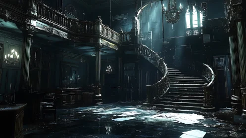 Decaying baroque staircase under volumetric spectral daylight.