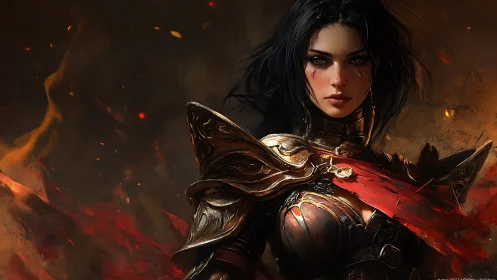 Fierce fantasy warrior framed in swirling embers and gold armor.