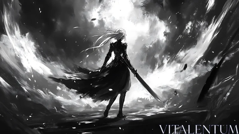Storm-wreathed swordsman strides against a blinding void sky.