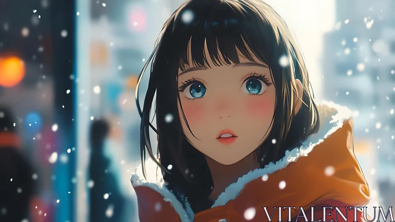 Winter city snowfall framing wide-eyed girl in orange parka.