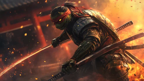 Anthropomorphic turtle warrior with katana in fiery combat scene.