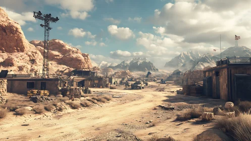 Desert military outpost with rugged mountains in distance.