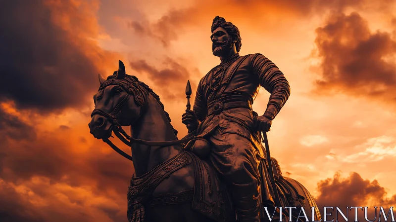 Equestrian bronze warrior monument under dramatic sunset sky