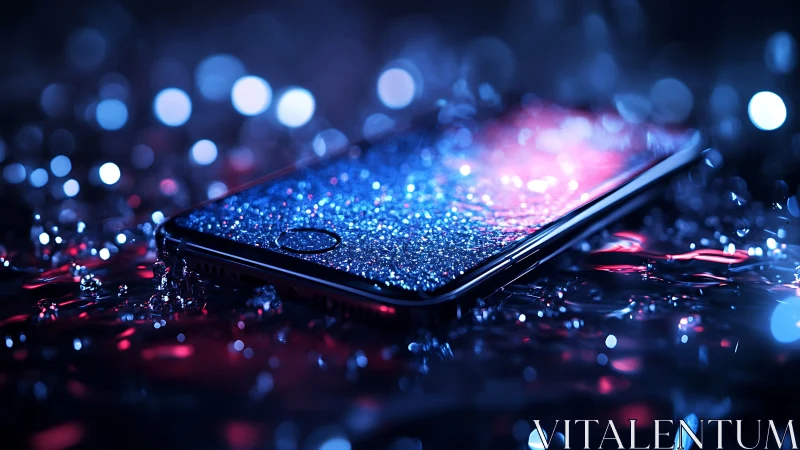 Smartphone on wet surface under neon bokeh lighting effects.