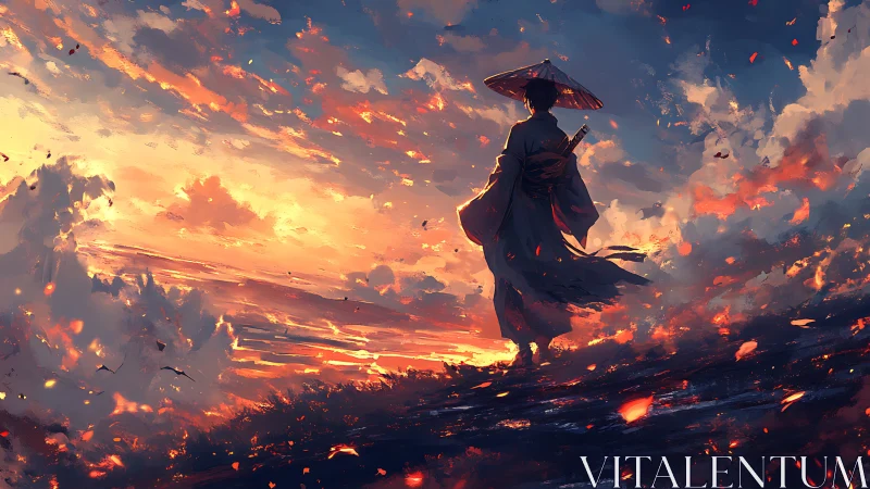 Lone samurai silhouette against dramatic sunset sky.
