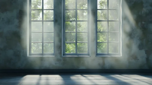Sunlit multi-pane windows in empty interior space.