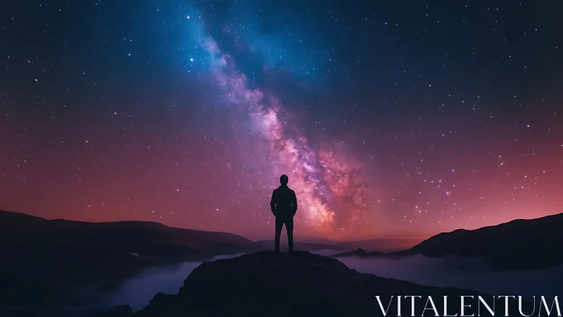 Silhouette observes luminous Milky Way over misty valley