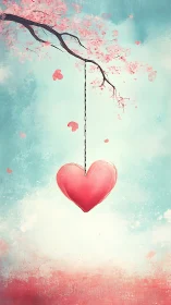 Suspended Heart: Branch with Blooming Blossoms Against Turquoise Sky.