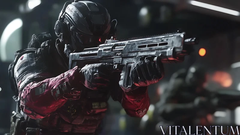 Armored soldier holds futuristic rifle in indoor combat zone