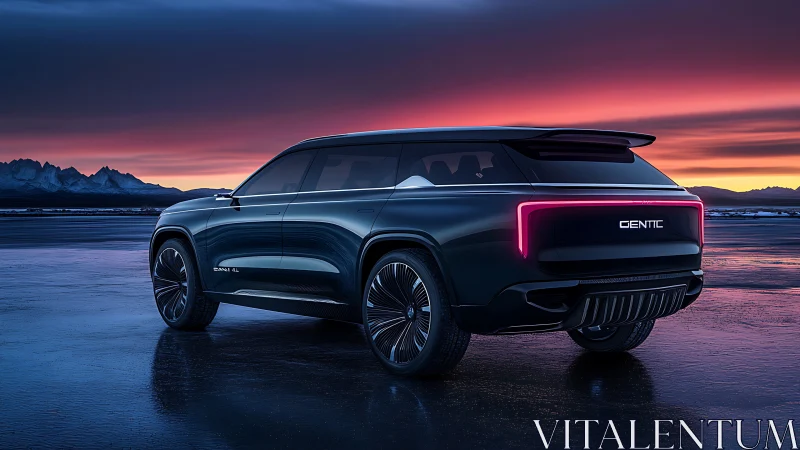 Futuristic electric SUV glides across reflective icy landscape.