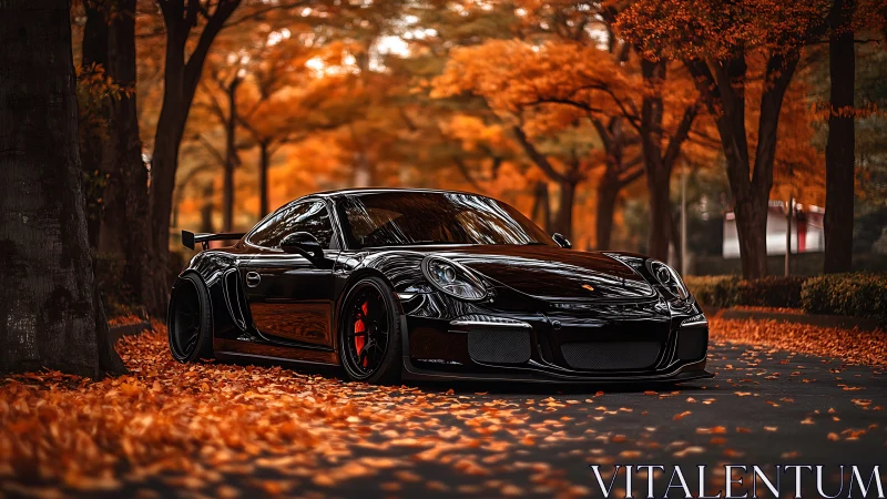 Black sports car parked on leaf-covered autumn street.