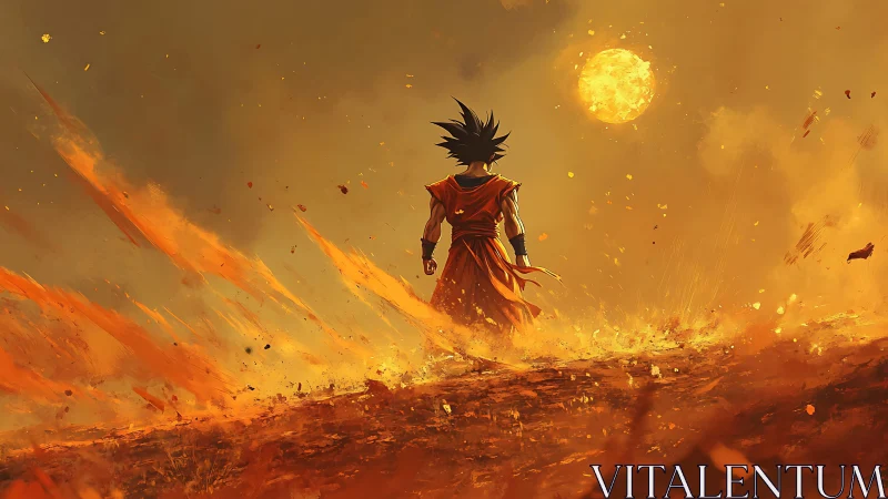 Lone anime warrior in fiery landscape under bright sun.