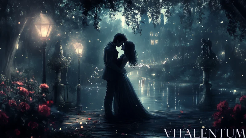 Romantic Kiss Under Moonlit Bridge with Gothic Cityscape