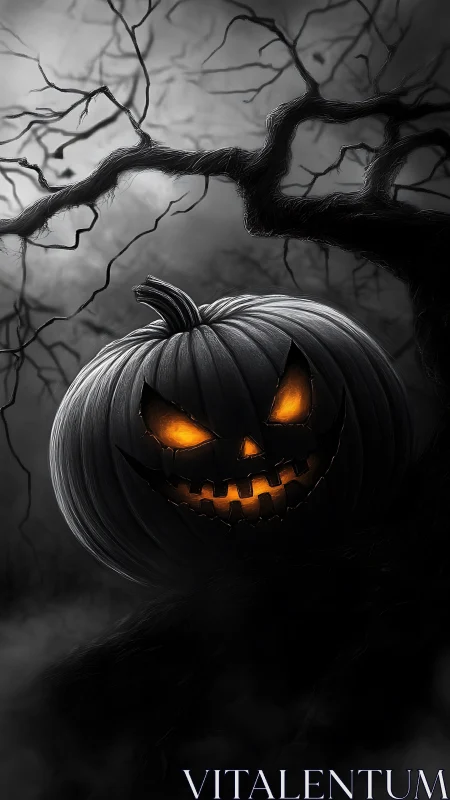 Monochrome jack o lantern with internal glow in haunted grove