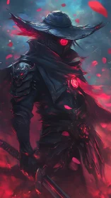 Cybernetic dark swordsman with glowing crimson core in storm