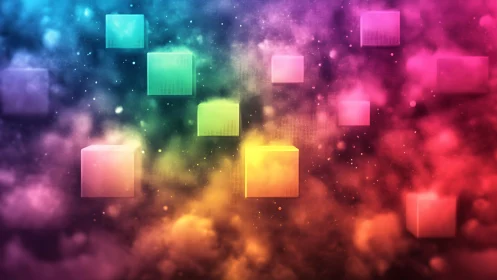 Floating neon cubes within prismatic cosmic mistscape.