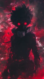 Shadowed hero in crimson stormlight, glowing eyes watching.