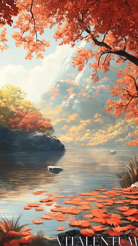 Mountain lake reflects dense autumn foliage in soft light