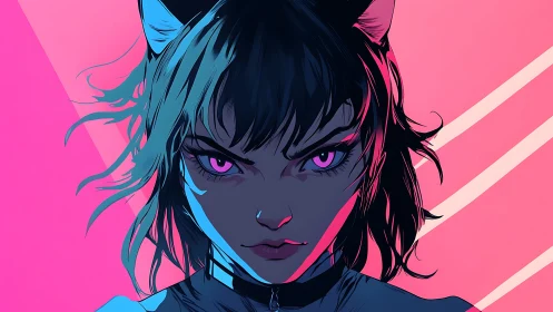 Neon-eyed cat warrior slices the night with electric focus