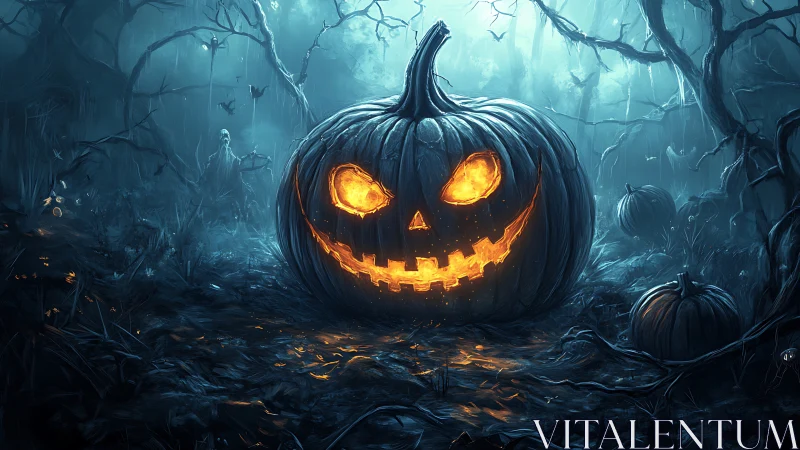 Glowing jack-o’-lantern haunts a foggy, twisted forest night.