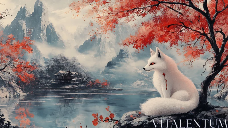 Mystic white fox by lacquered lake under autumn maples.