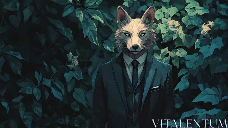 Fox-headed figure in formal suit stands before dense foliage