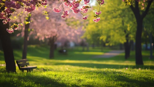 Quiet park bench listens softly beneath drifting cherry light