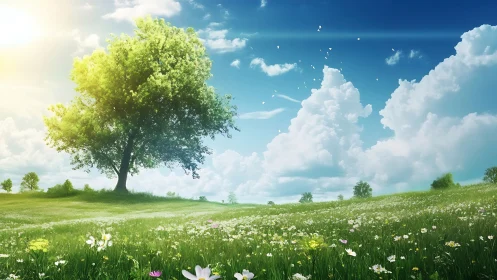 Lone green tree in bright flower meadow under blue sky.