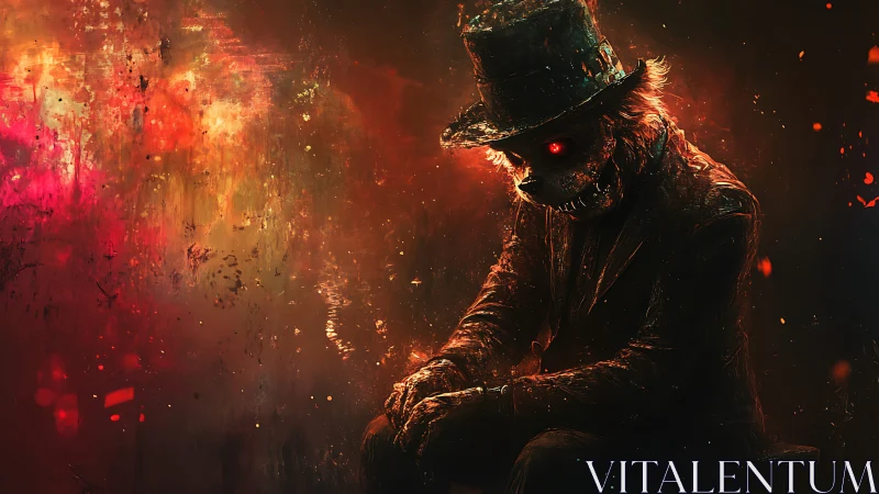 Demonic top-hatted creature seated in ember-lit abstraction.