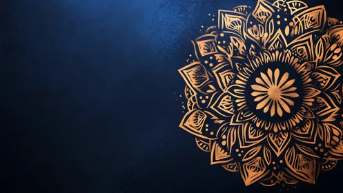 Gold mandala ornament fills right side of textured blue frame